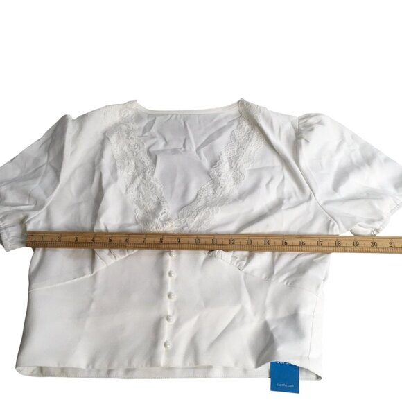 feminine  Babydoll Cropped Top Womens Sz L White Lace V Neck Angelcore dainty - Picture 11 of 16